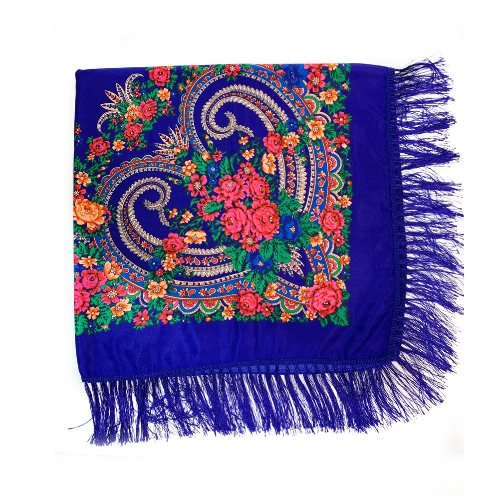 135*135cm Russian National Square Scarf Women Luxury Floral Print Fringed Ukrainian Shawl Babushka Bandana Handkerchief