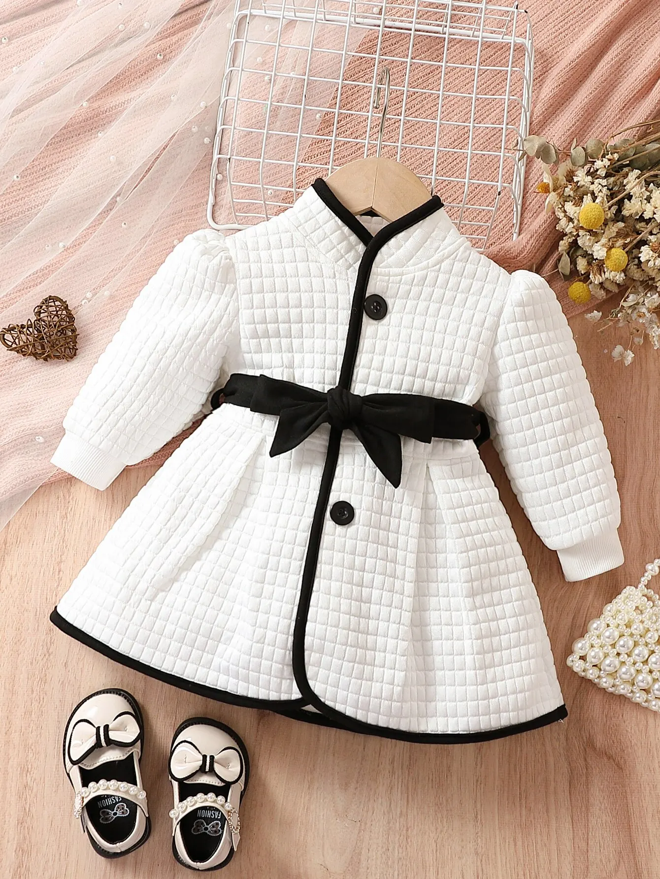 Neonate moda autunno e inverno vestito termico con cintura Set cappotto principessa classico Cardigan a contrasto di colore bianco e nero