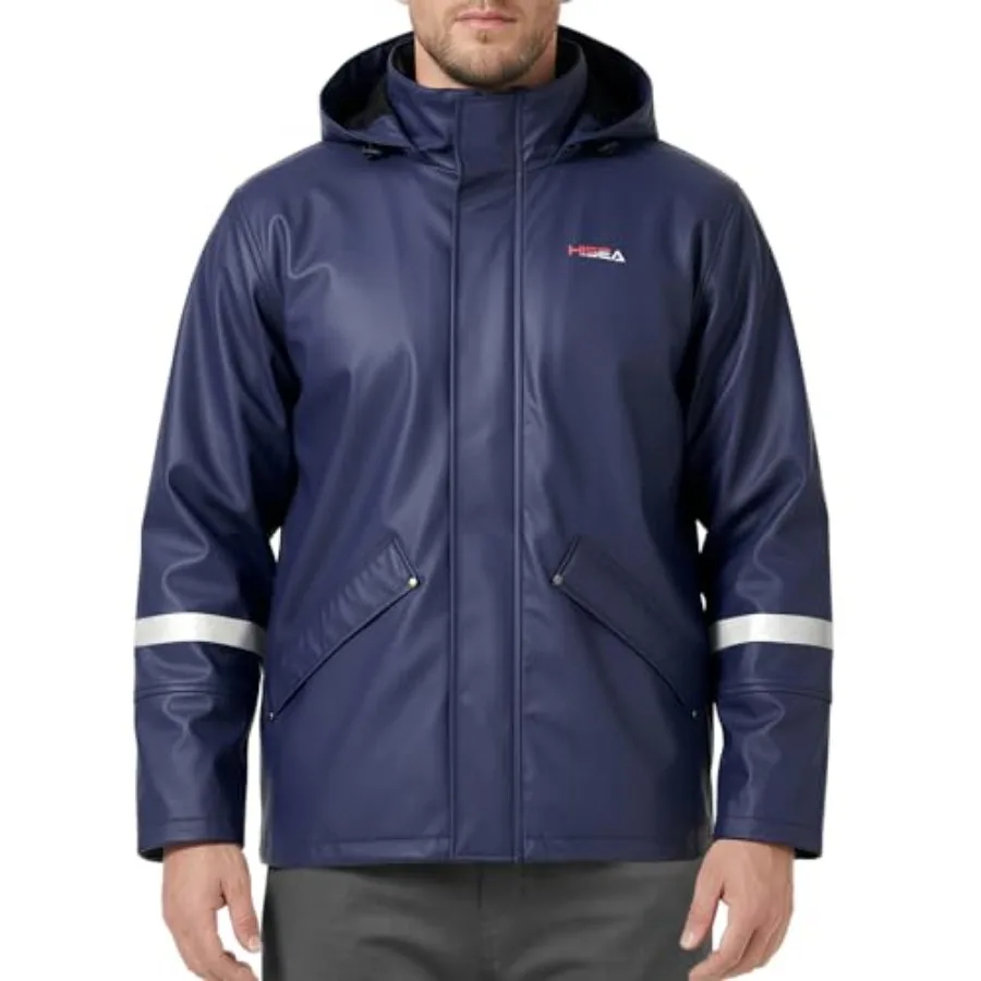 

HISEA Mens Rain Jacket, PU Waterproof Jacket for Men with Foldable Hood, Windproof Raincoat Relaxed Fit Lightweight Jacket