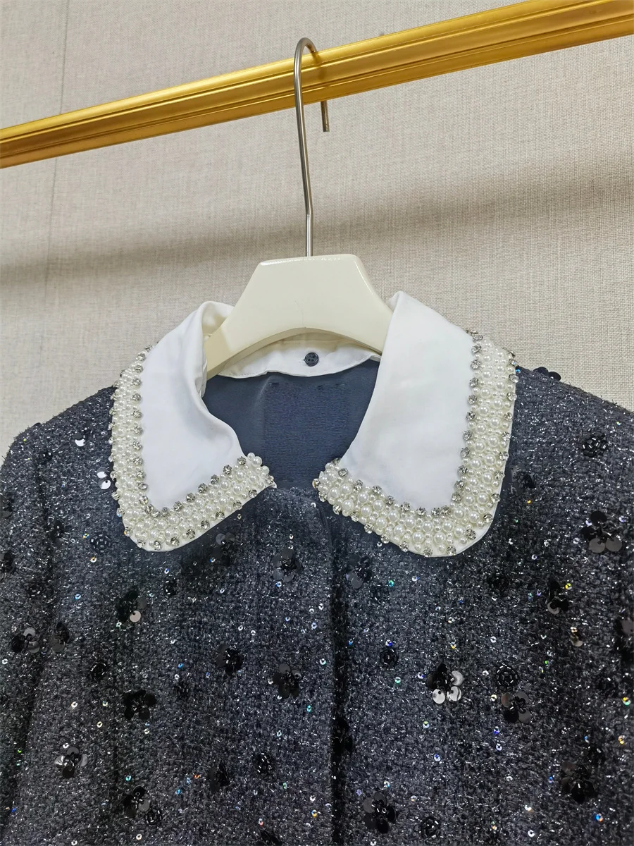 【Darmowy Prezent】Zestaw Damski Jesień Zima 2025: Francuski, Niszowy Top z Kolorowymi Blokami, Cyrkoniami, Perłami i Cekinami + Spodnie z Szerokimi Nogawkami