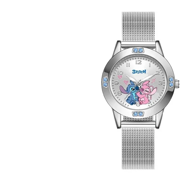 Montres Disney CAN o & Stitch pour filles, diamant, montre à quartz, dessin animé mignon, bracelet en cuir, ceinture en acier, cadeau pour enfant, mode