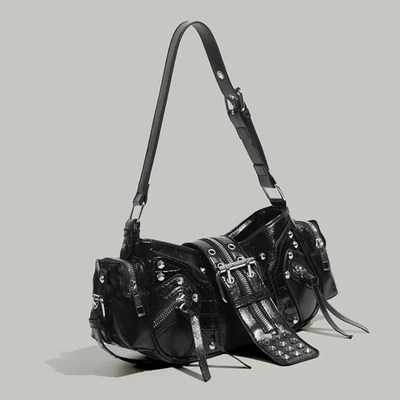 Women Y2K Gothic Punk Motorcycle Bag PU Leather Black Spiked Rivet Shoulder Crossbody Purse with Removable Long Strap Streetwear