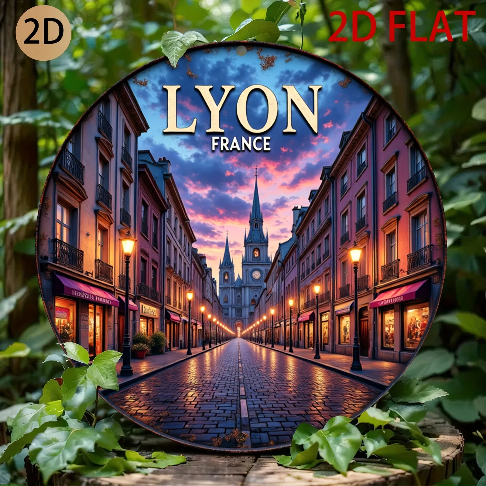 2D Flat, Circular Metal Wall Art - Retro Lyon France Cityscape Sign, Aluminum Frameless Decor for Living Room or Cafe, Indoor Su
