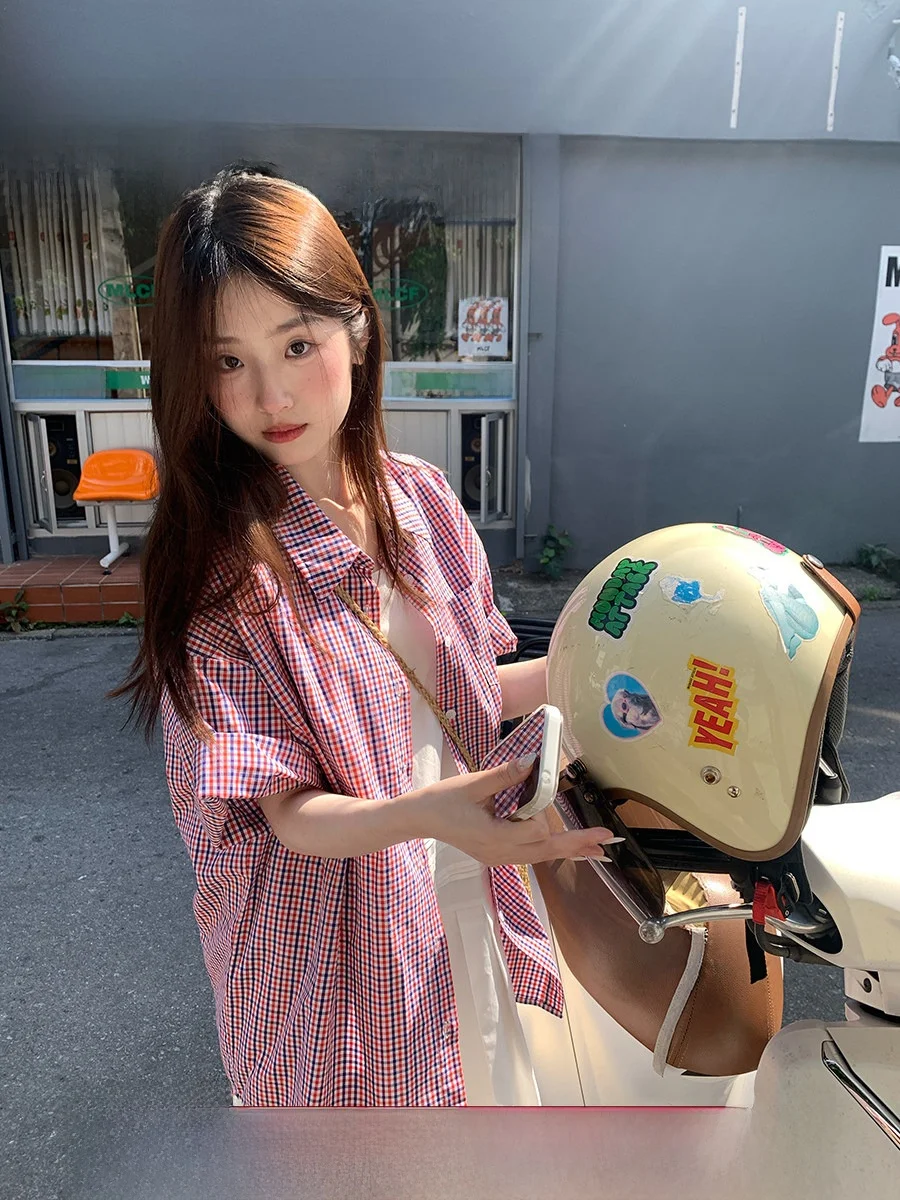 

Sinbounboun Casual Sle Oversize ort Sve Ne Plaid irt Single Button Cure Series Women's Cotton Polyester irt