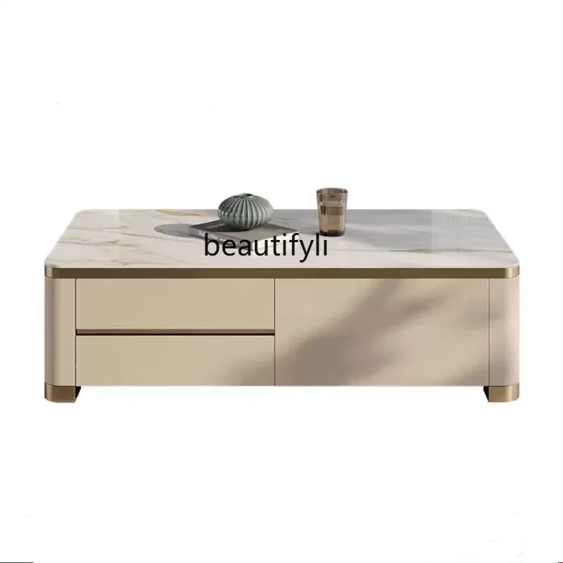 

0Modern Simple Coffee Table TV Cabinet Unit Light Luxury Living Room Small Apartment Bedroom Stone Plate Solid Wood Side Cabinet