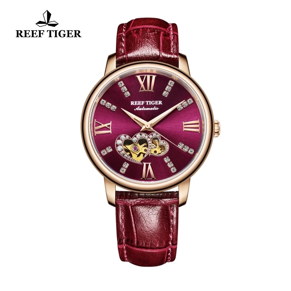 Reef Tiger/RT Top Brand Luxury Diamond Ladies Watch Rose Gold Red Automatic Mechanical Watches Lover Gift Relogio Feminino