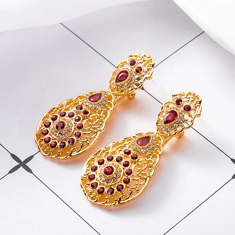 

Moroccan Bride Rhinestone Earrings Electroplated Gold Color Ear Clip Luxury Arab Style Crystal Eardrop Jewelry For Women
