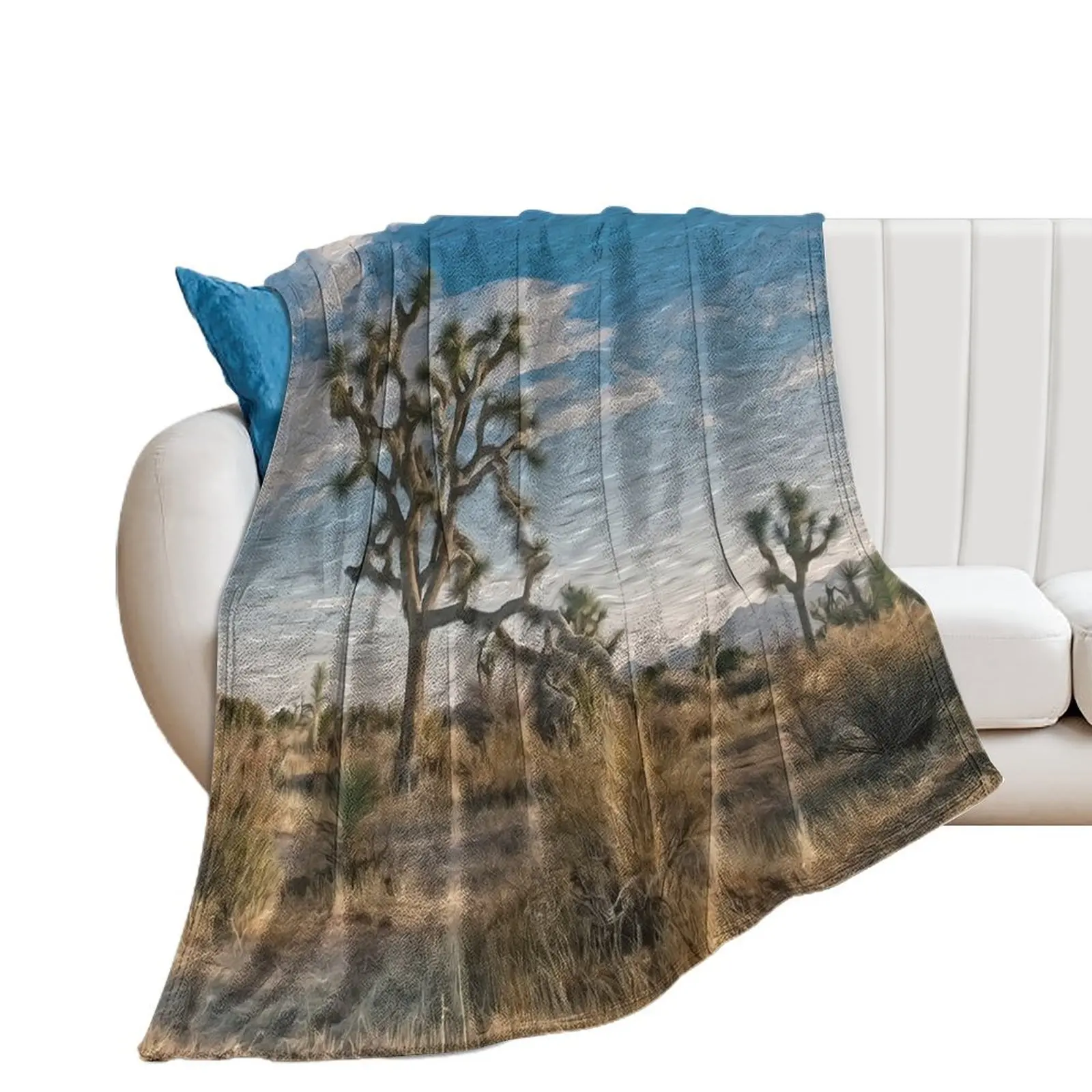 Digital Art Composition of Joshua Tree, Mojave Desert, California. Throw Blanket Plaid on the sofa Soft Single Blankets