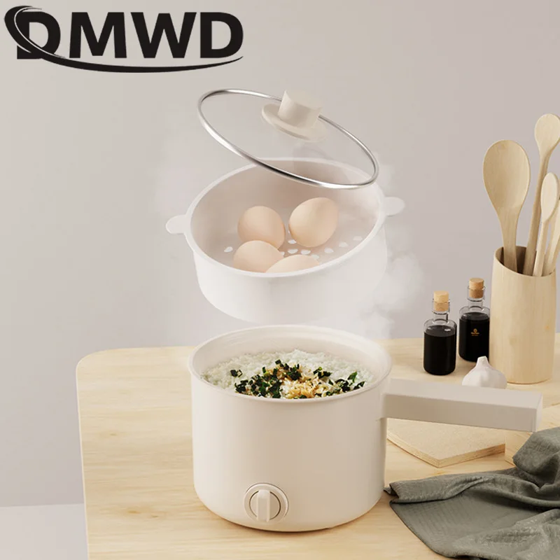 DMWD 1.6L Mini Stainless Steel Food Steamer Egg Boiler Electric Skillet MultiCooker Noodles Soup Cooking Hotpot Steak Frying Pan