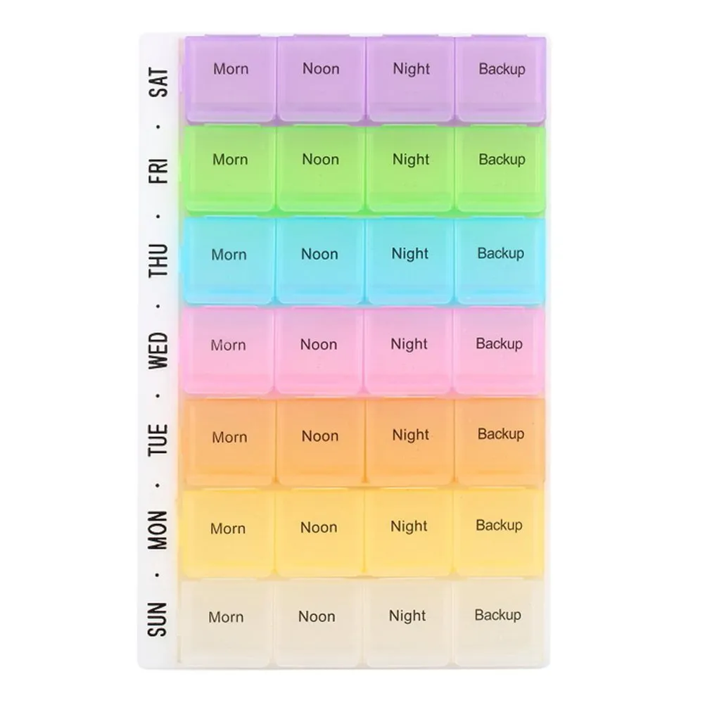 28 Compartment Medicine Box Multicolor Rigid Plastic 17.8 X 11.5 X 2.5 Cm Weekly Pill Organizer Fast Setup Travel Home Hospital