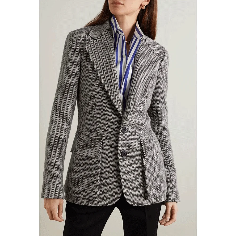 

Herringbone Tweed Women's Suit Blazers Casual Ladies Coat Office Business New in Outerwears Single Breasted Clothing Female