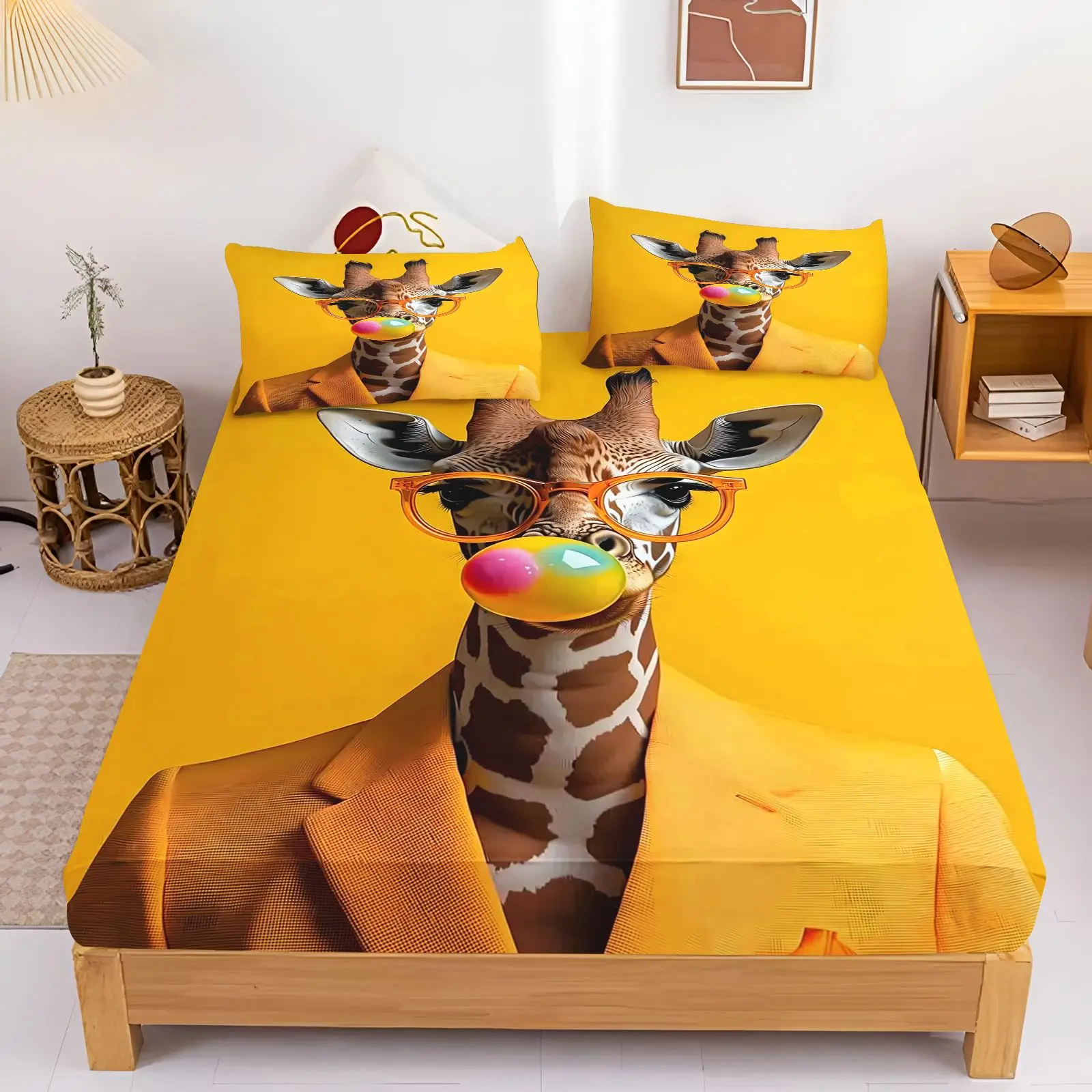Cute Cool Animal Fitted Sheet Set 3D Print Giraffe Cat Rabbit Llama Dog Sheep Bed Sheet Pillowcase Kids Teens Bedroom Home Decor