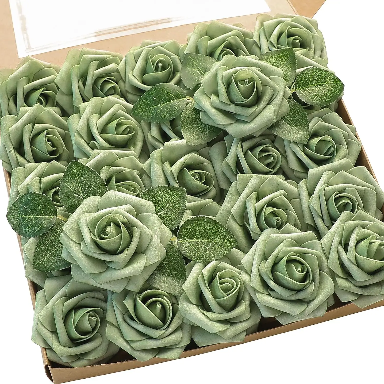 

Artificial Flowers 25/50pcs Real Looking Sage Green Foam Fake Roses with Stems for DIY Wedding Bouquets Bridal Shower
