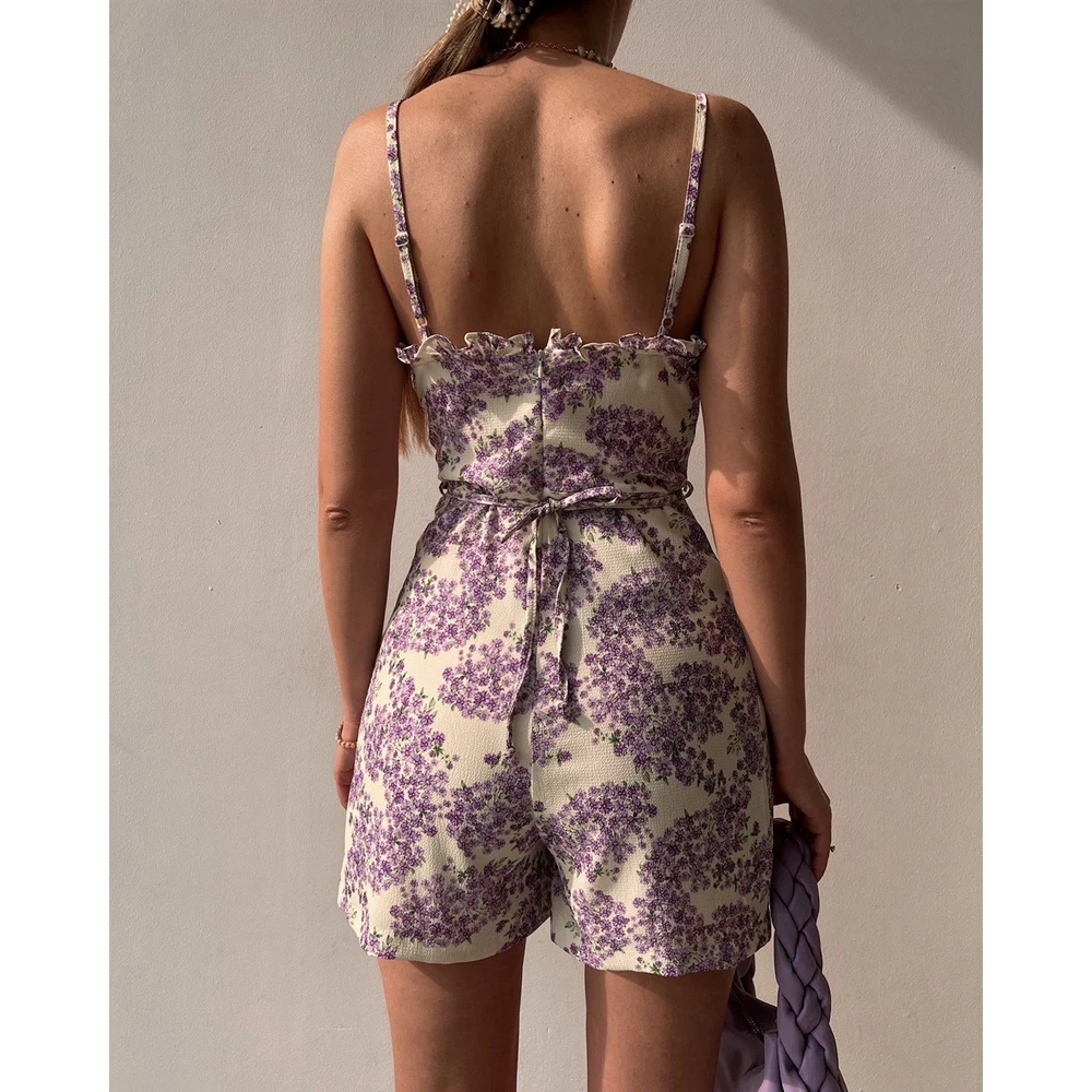 Pelele fruncido con volantes y estampado Floral para mujer, traje de una pieza con tirantes finos, informal, con detalle atado, ropa de calle, Verano