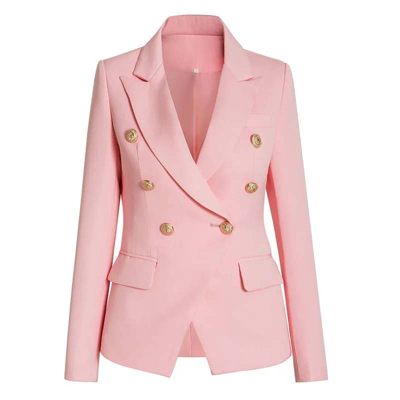 

Pink Solid Long Sleeve Coat Office Lady's Turn-Down Collar Suit Coat