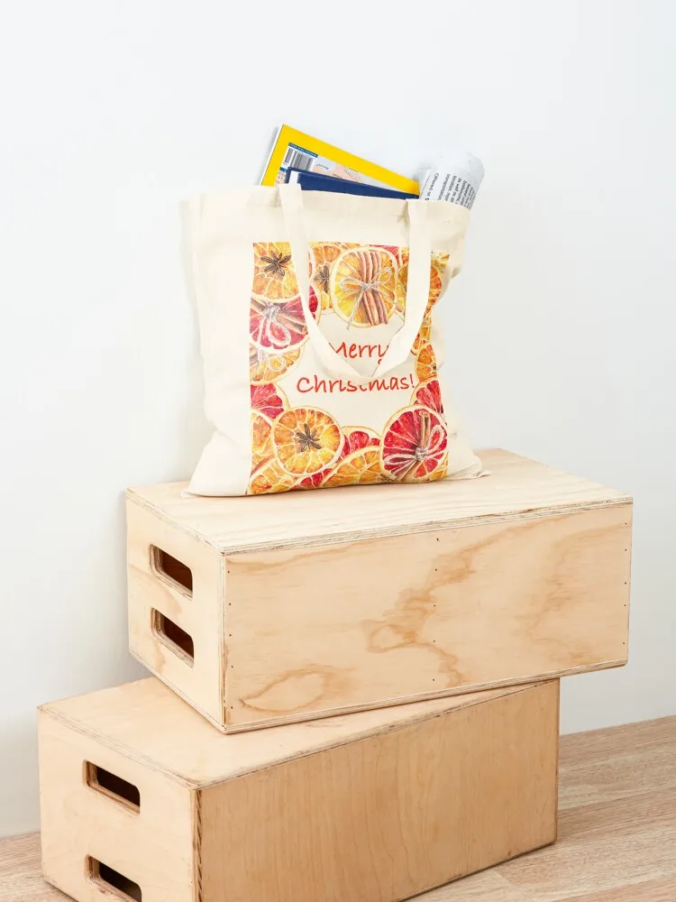 Merry Christmas watercolor illustration with oranges wreath Tote Bag Canvas stote bag Shopper handbag Shopping bags