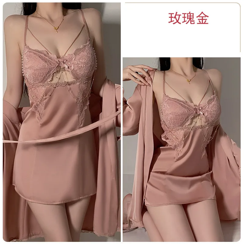 เซ็กซี่ผู้หญิง Robe ชุดนอนสบายๆสีทึบเสื้อคลุมอาบน้ํา Nightdress Silky ซาติน Homewear สวมใส่