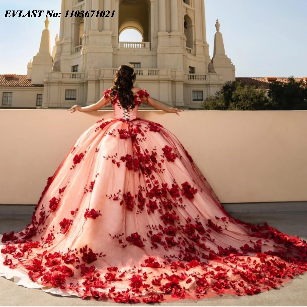 EVLAST Mexican Champgne Ball Gown Quinceanera Dress Red 3D Floral Lace Applique Beaded Corset Sweet 16 Vestidos De Anos SQ389