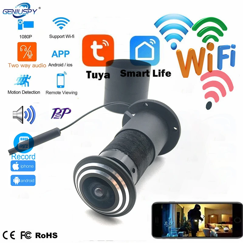 Tuya Wi-Fi Cat Eye Wide-angle Fisheye Anti-theft Door PeepHole Wireless Door Eye HD 1080p Doorbell Intelligent Camera 2way Audio