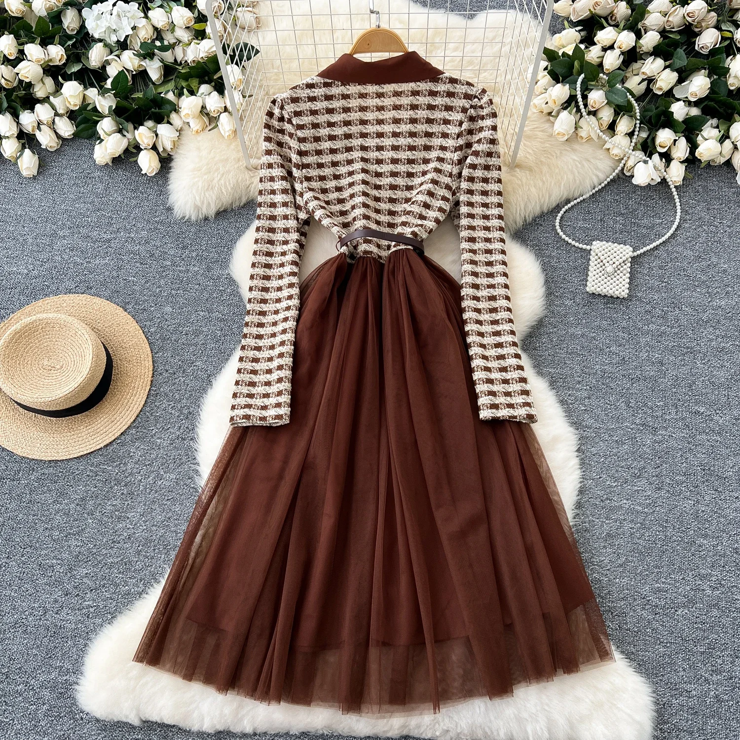 Chic Korean Fashion Mesh Turn-down Collar Long Sleeve Spliced Slim Dress Vintage Plaid Ball Gown Fairycore Women Autumn Clothing