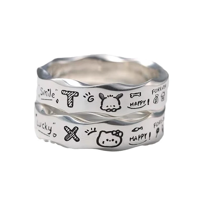 Schattige Sanrio Hello Kitty Pochacco Ring Cartoon Veelzijdige Paar Ringen Minimalistische Graffiti Golvende Rand Ringen Prachtige Mode Cadeau