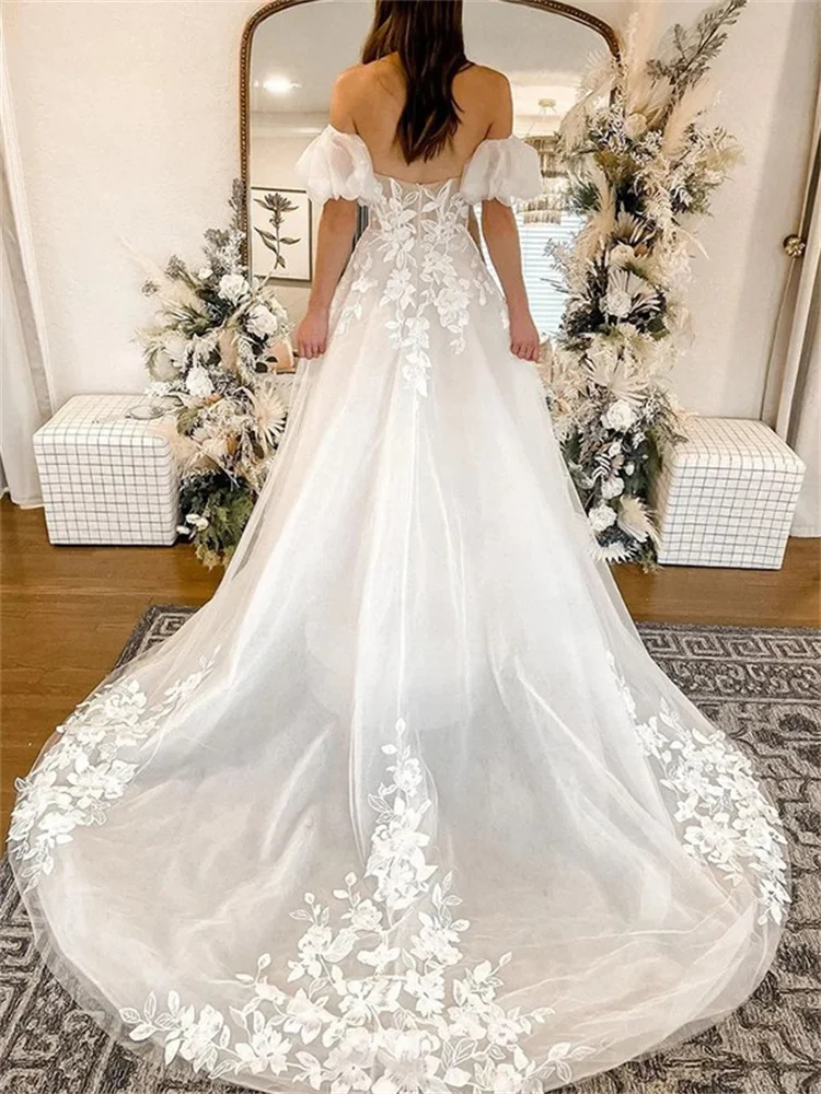 A-Line/Princess Tulle Applique Off-the-Shoulder Short Sleeves Chapel Train Wedding Dresses Bridal Gowns Long Train Retro Winter