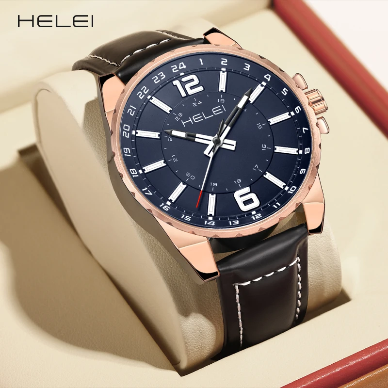 HELEI2024 reloj de cuarzo para hombre, correa de cuero genuino, 24 horas, resistente al agua, regalo