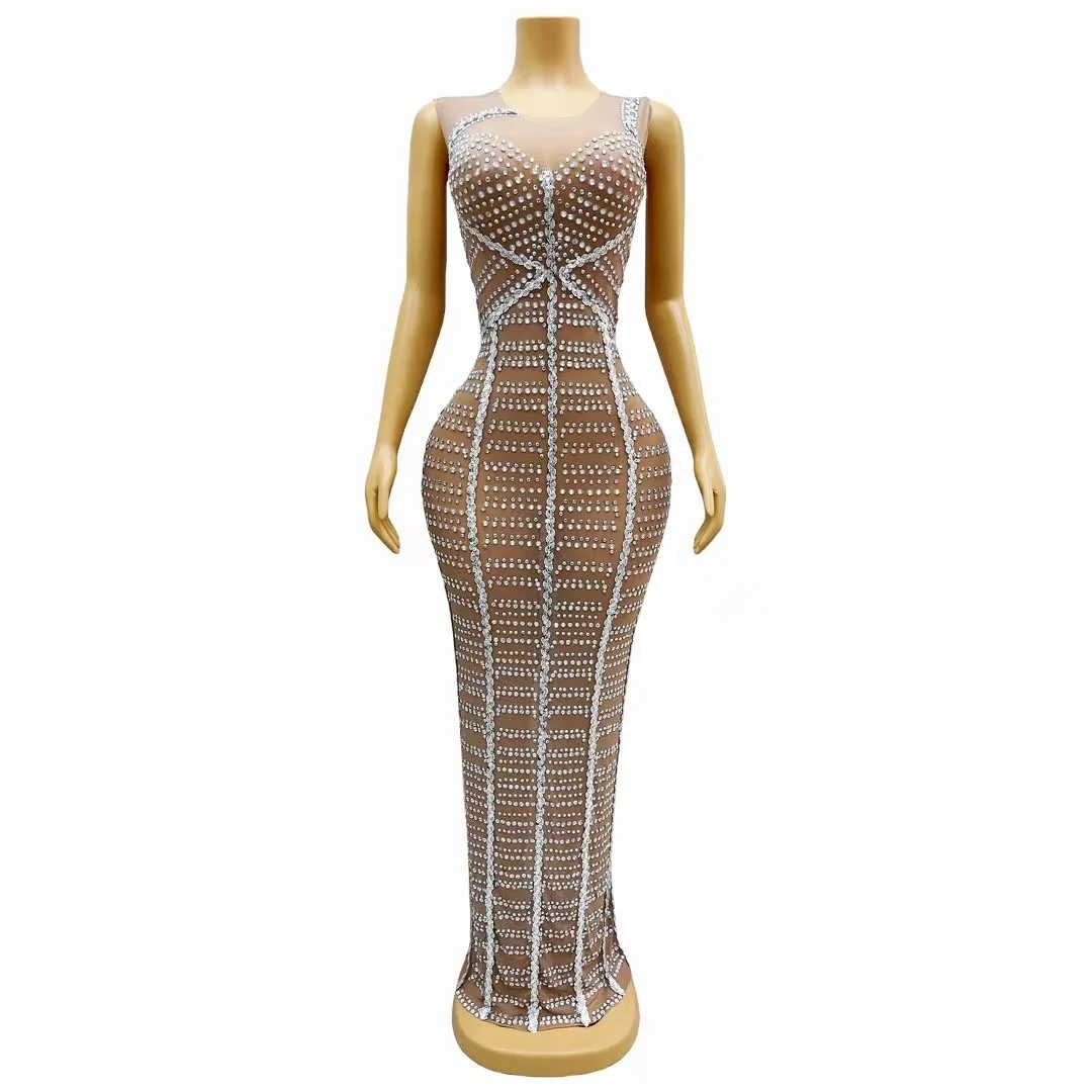 

Sexy See Through Women Dress TransparentMesh Shining Rhinestone Party Celebration WearShow Photo Shoot Outfit Stage Costume C296