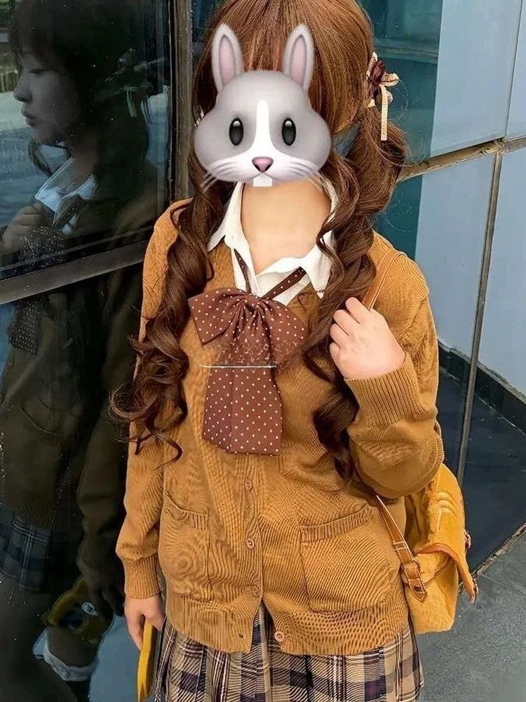 Original Design JK orm Deep Brown Knitted Open Cardigan Loose Sweater Autumn Winter Basic irt Overlap Brown Plaid Skirt...