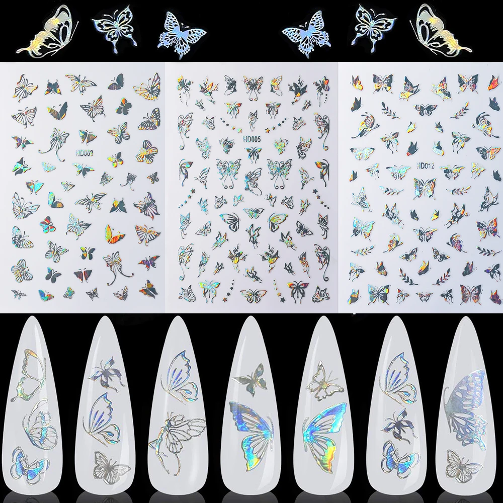 16pcs Laser Butterfly Nail Sticker Colorful Silver Gold Holographic Laser Nail Art Slider Hollow Out Wings Nail Art Accessories