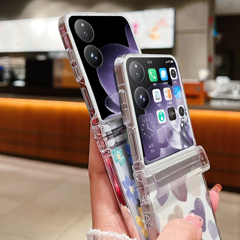 Love Heart Pattern Clear Phone Case For Xiaomi Mix Flip Flip2 Transparent Flower Shockproof Folding Hard Cover For Mi Mix Flip2