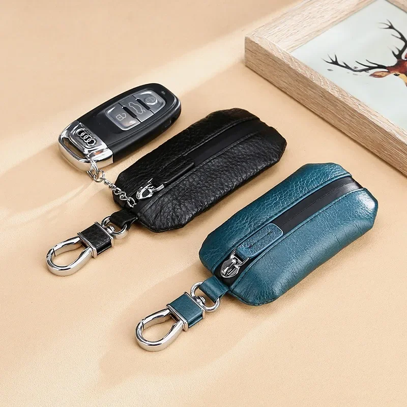 Natural Ribbed Head Layer Cowhide Car Key Case Leather Remote Control Protective Case Waterproof Zipper Fashion Key Case