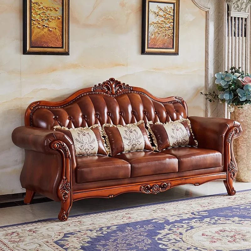 European Leather Sofa 123 Combination Small Apartment Living Room Solid Wood Carving Flower Retro Style American Luxury Furnitur