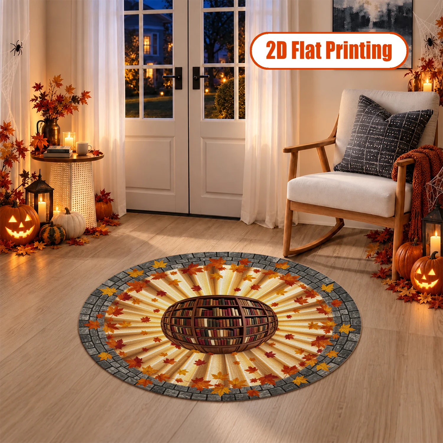 Autumn Maple Globe Bookshelf Brick Border Round Velvet Rug Machine Washable Suitable for Living Room Bedroom Office Entryway Halloween Thanksgiving Christmas New Year