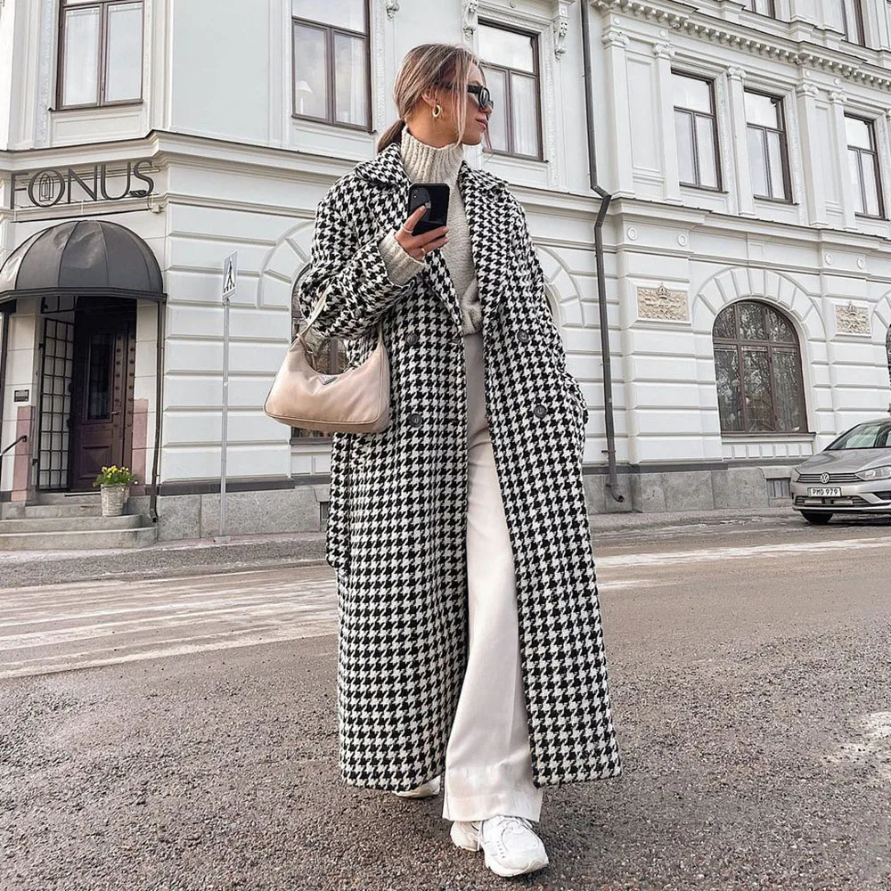 Classic Houndstooth Women's Blazer Luxury Custom Double Breasted Notch Lapel Jacket Elegant Female Clothing Outerwear