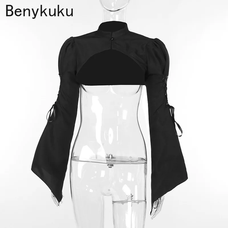 Gothic Flare Long Sleeve Cropped Top Shrug Women Stand Collar Retro Bodycon Coat Jackets Y2k Punk Cover Ups Rave Outfit Bolero