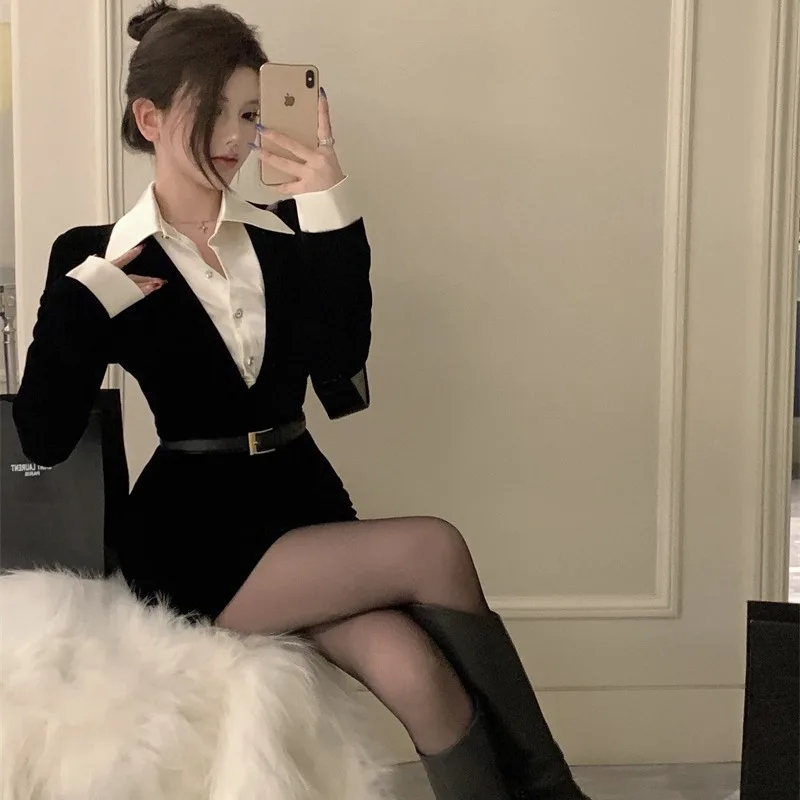 Women's Y2K Black High Waist Slimming Short Dress Fake Two Piece Design Streetwear Tight Skirt Pure Sexy Fall Winter Fashion