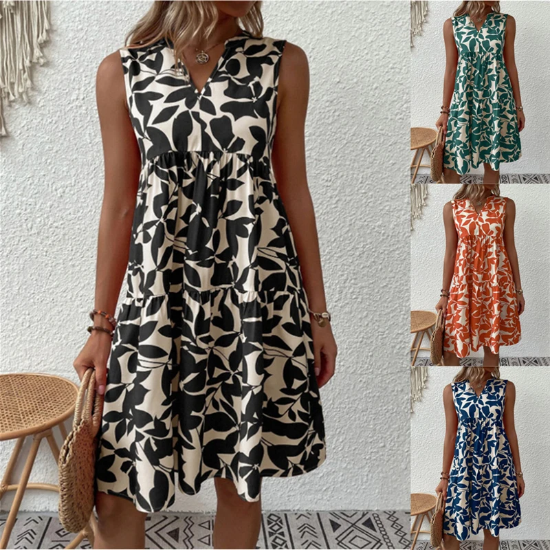 

Bohemian Printed Dress for Women Fashion V-neck Loose Pleated Sleeveless Dress Holiday Elegant Beach Dress Women's Clothing