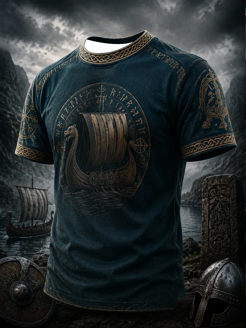 2027 Summer New Style Outdoor Men's Retro Danish Viking Style 3D Printed Breathable Quick-Drying T-Shirt Family Size Shirt Kids