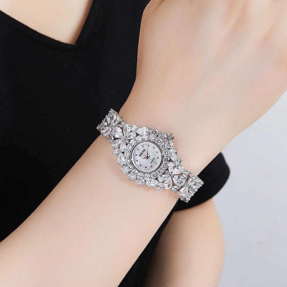 014467 Luxury Women\'s Watches 19CM Cubic Zircon Elements Crystal Bracelet Watch for Wedding Party  Bride Watches Jewellery Set