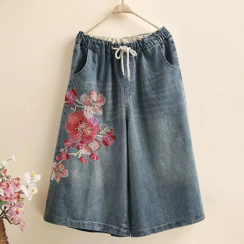 Embroidery Denim Indie Folk Vintage Elastic High Waist Loose Wide Leg Women's Pants Calf-Length Pants For Women Clothing 2024
