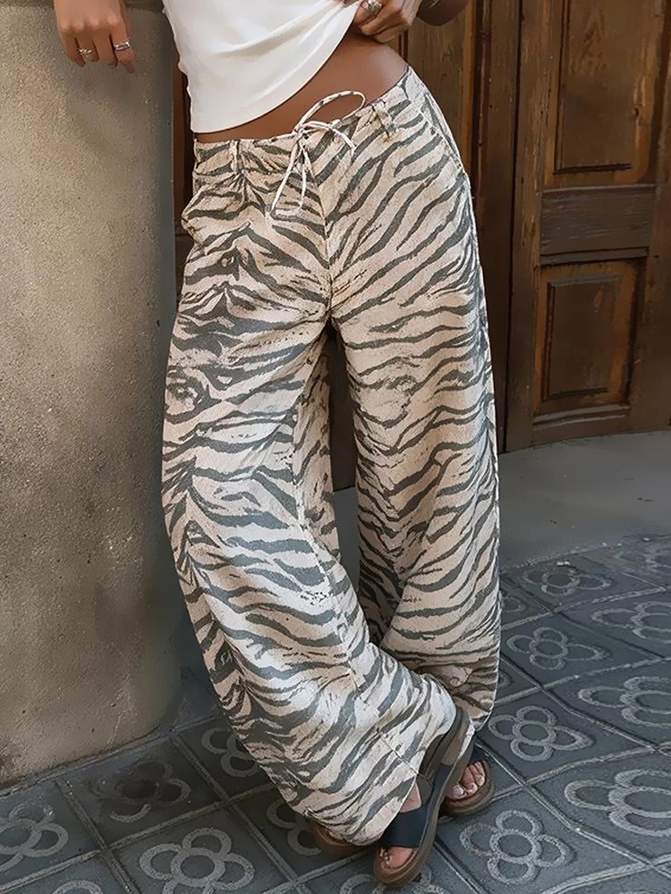 JULISSA MO Zebra Printed High-Waisted Women Pant Wide-Leg Lace Up Long Trousers Female Autumn Loose Casual Outdoor Streetwear