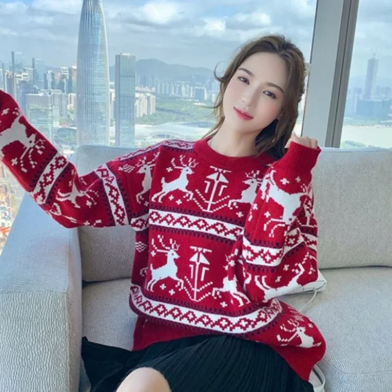 Autumn Winter Loose O-neck Casual Thick Red Christmas Sweaters Women\'s Christmas Vintage Elk Soft Wool Warm Knitted Pullover