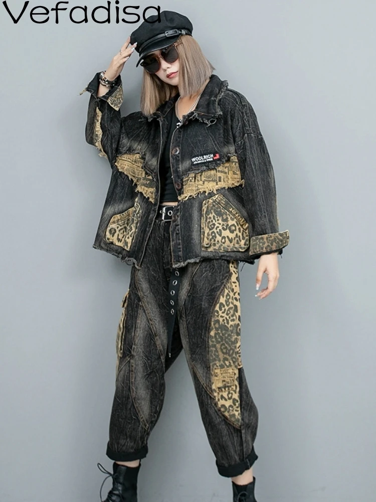 Vefadisa 2025 Spring Autumn New Fashion Denim Set Women's Splice Leopard Pattern Denim Long Sleeve Coat Harlan Pants ZY2500