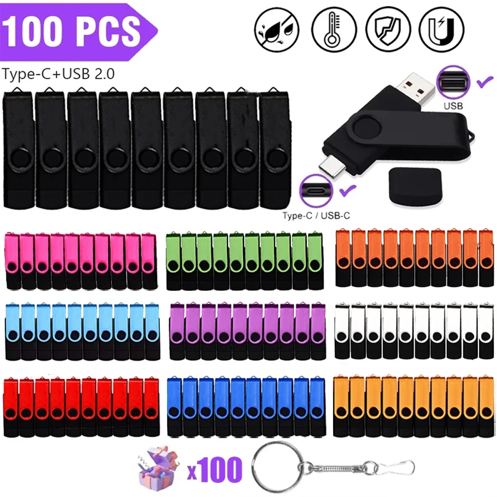 

100pcs/lot Type-C USB Flash Drive 128GB Free Custom Logo Pendrive 64GB 2 IN 1 Pendrive Clé USB3.0 32GB 256GB Rotatable USB 16GB