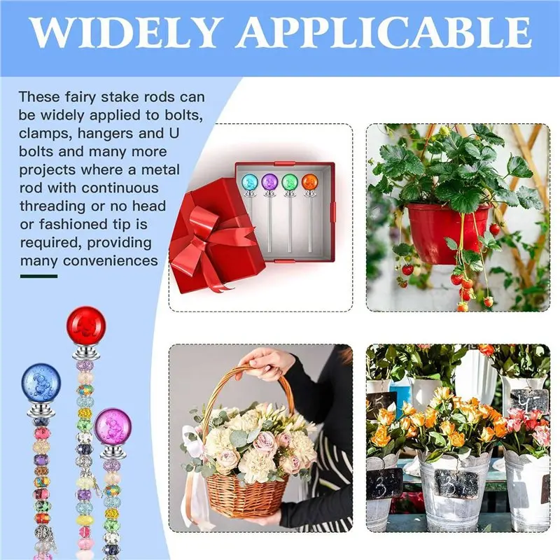 【EFFICIENT 】DIY Garden Beaded Stakes Wands Kit Include 16Pcs 8/32 Inch 12 Inch Threaded Rods, 16 Pcs Hex Nuts And 16 Diamond Sto