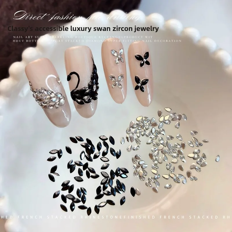 LLJ 50pcs Zircon Swan Spliced Nail Rhinestones Luxury Premium Clear Black Mini Marquise Teardrop Flat Back Nail Art Decor