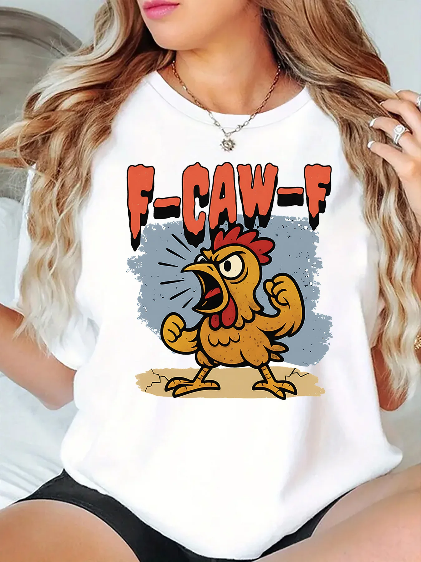 Funny F Caw F Strong Fist Rooster Vintage Cartoon Art Print Graphic Womens T Shirt Short Sleeve Crew Neck Casual Ladies Tee Tops