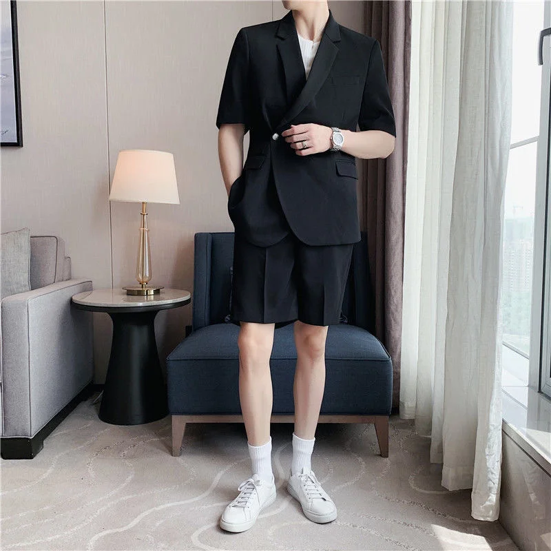 Latest Coat Pant Designs Casual Men\'s Shorts Sets Summer Thin Korean Slim Trend Handsome Short Sleeved Suit Jacket Blazer Japan