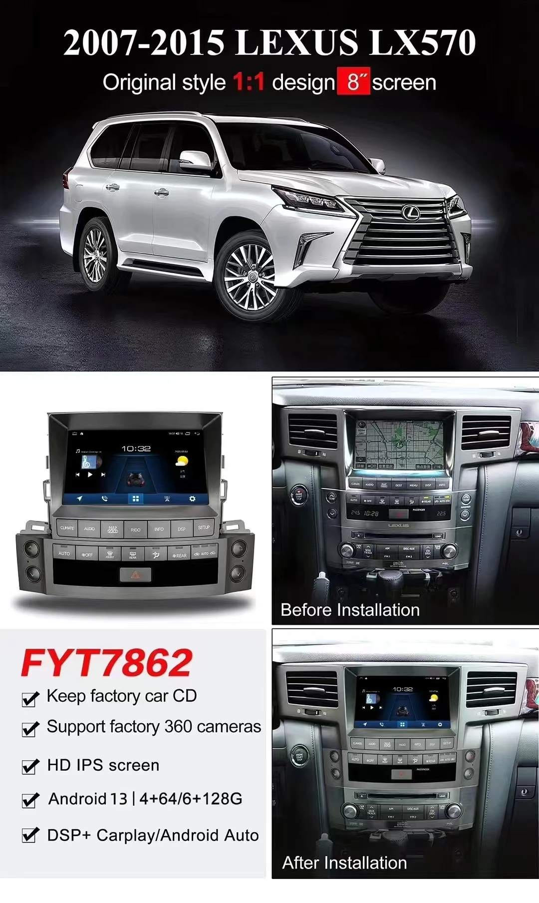 렉서스 LX570 2007 2008 2009 2010 2011-2015용 9인치 카플레이 오토 안드로이드 14 멀티미디어 스테레오 플레이어, 스크린 카 라디오 GPS 헤드 유닛